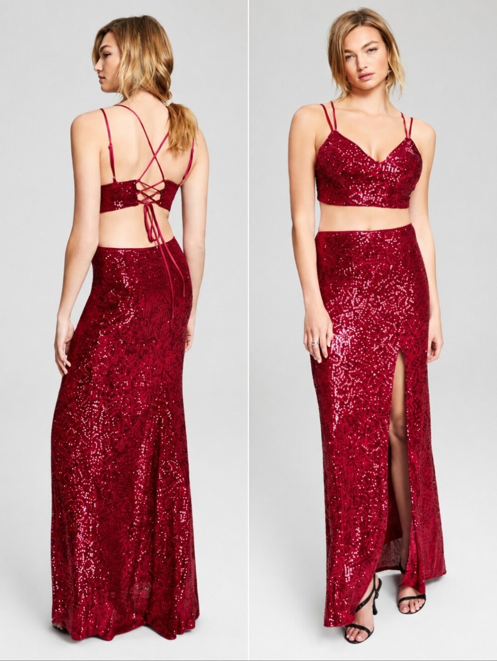 New Maroon Red Sequins 2 Piece Glam Sparkly Corset Top Maxi Gown NWT Sz 5/6
